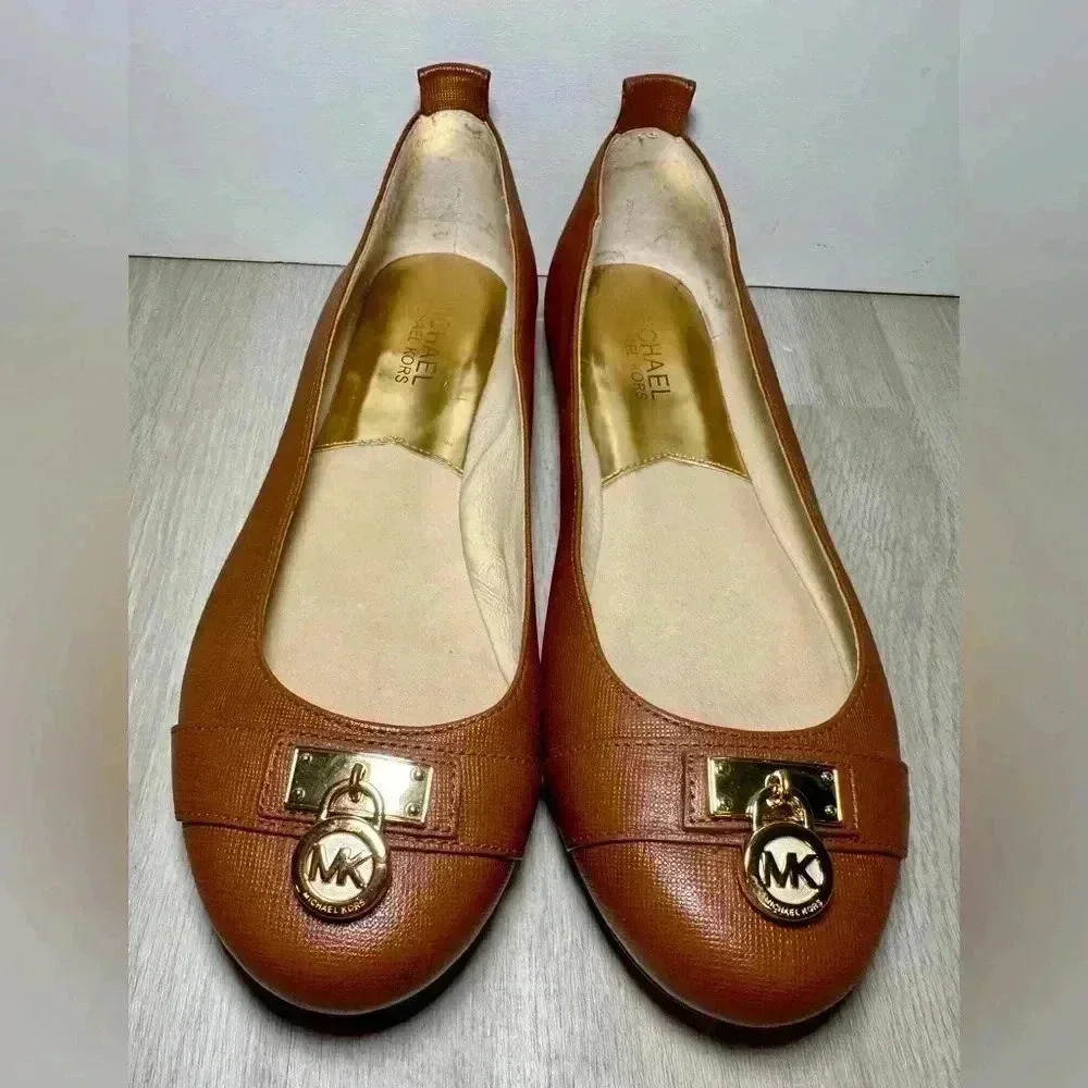 Michael Kors Women Brown Leather Ballet Flats Gold MK Lock Logo Size 8M
